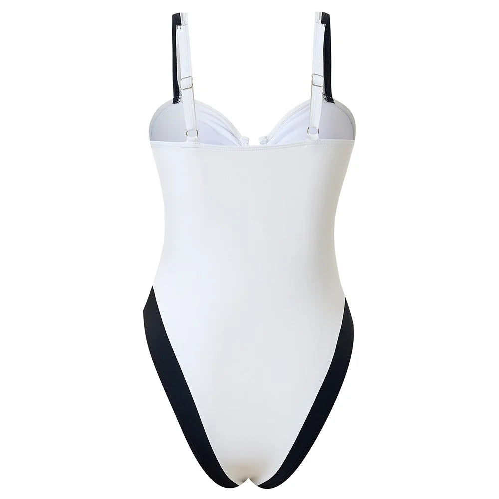 Y1153 Women Two-Tone One-Piece Swimsuit Tummy Control V-Neck Slimming Swimwear, L Size - White - 2
