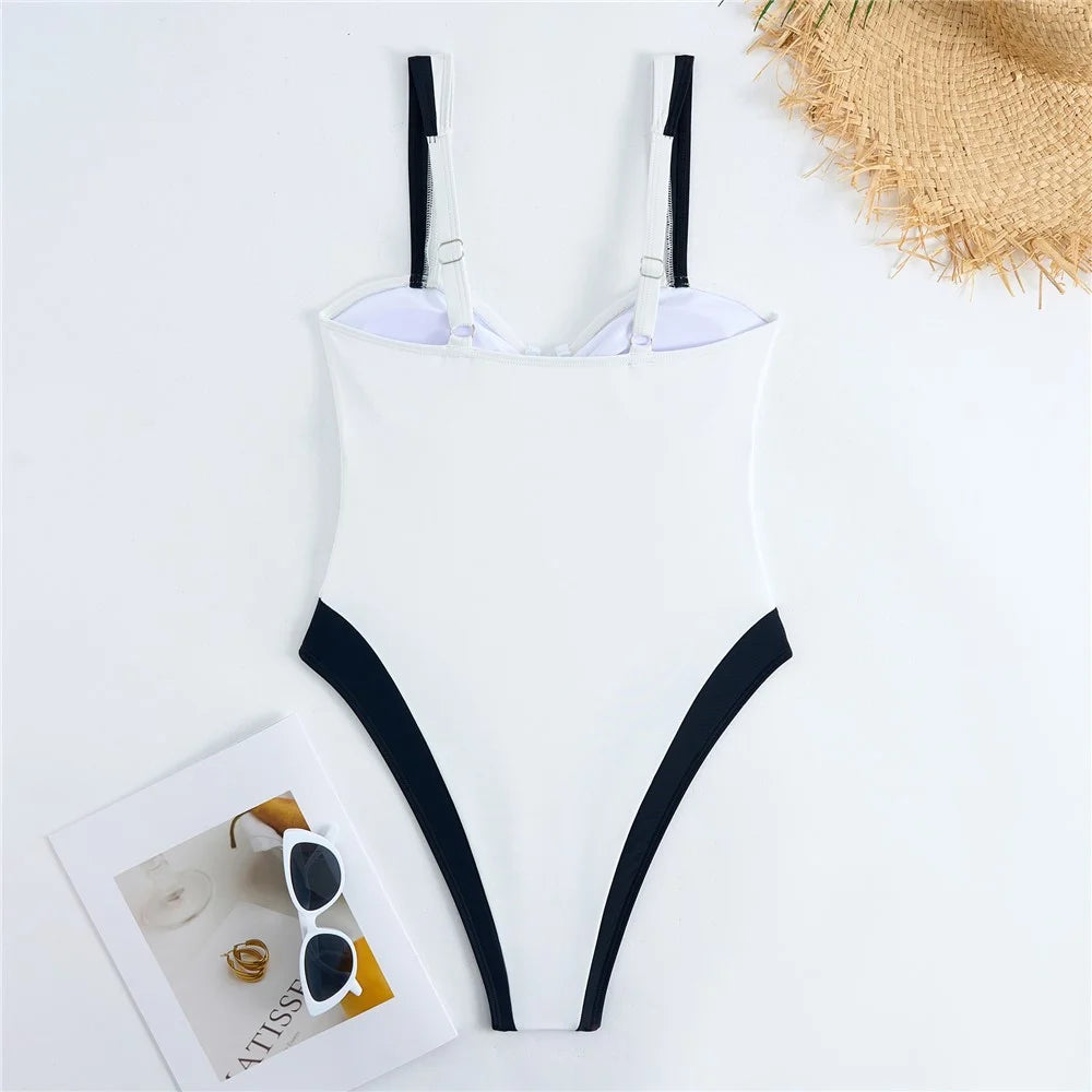 Y1153 Women Two-Tone One-Piece Swimsuit Tummy Control V-Neck Slimming Swimwear, L Size - White - 4