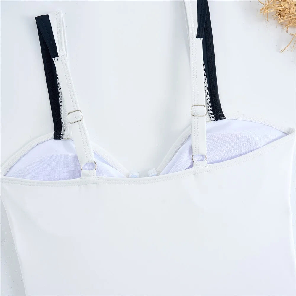 Y1153 Women Two-Tone One-Piece Swimsuit Tummy Control V-Neck Slimming Swimwear, L Size - White - 6
