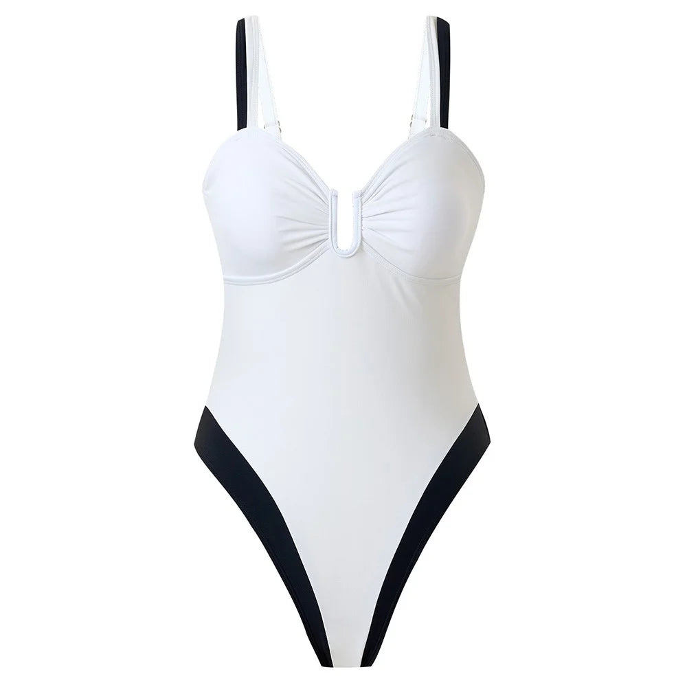 Y1153 Women Two-Tone One-Piece Swimsuit Tummy Control V-Neck Slimming Swimwear, M Size - White - 1
