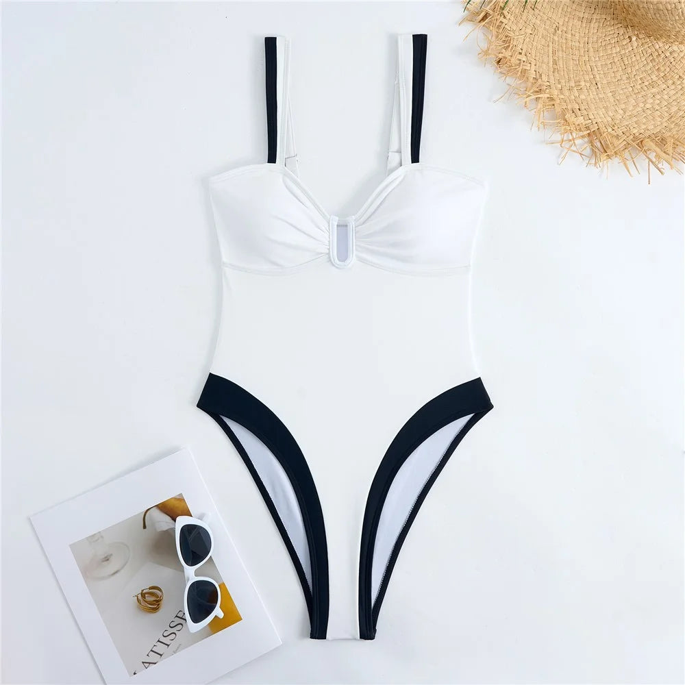 Y1153 Women Two-Tone One-Piece Swimsuit Tummy Control V-Neck Slimming Swimwear, M Size - White - 3