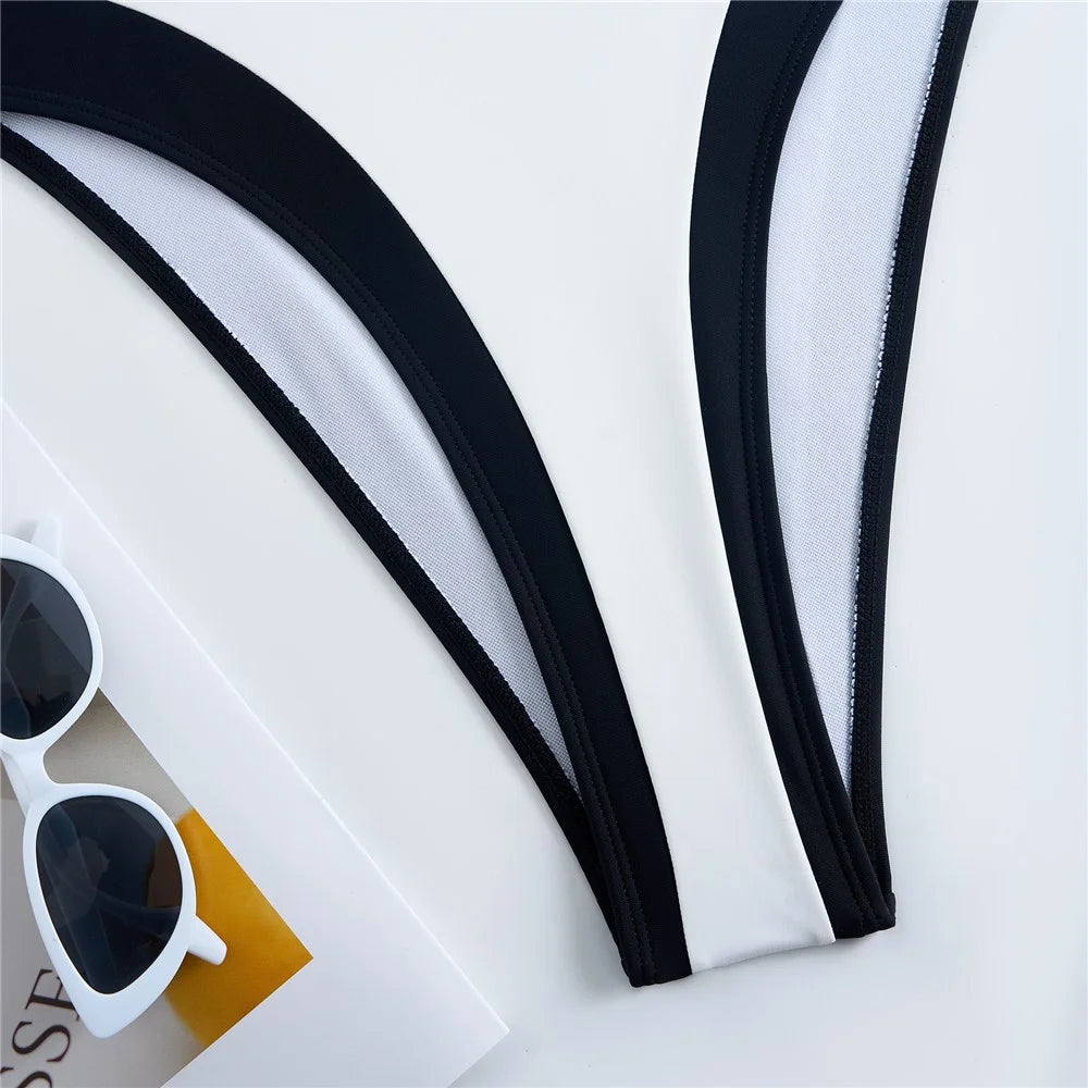 Y1153 Women Two-Tone One-Piece Swimsuit Tummy Control V-Neck Slimming Swimwear, M Size - White - 7