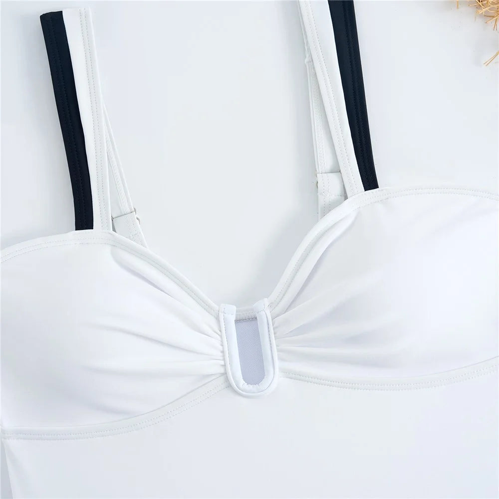 Y1153 Women Two-Tone One-Piece Swimsuit Tummy Control V-Neck Slimming Swimwear, S Size - White - 5