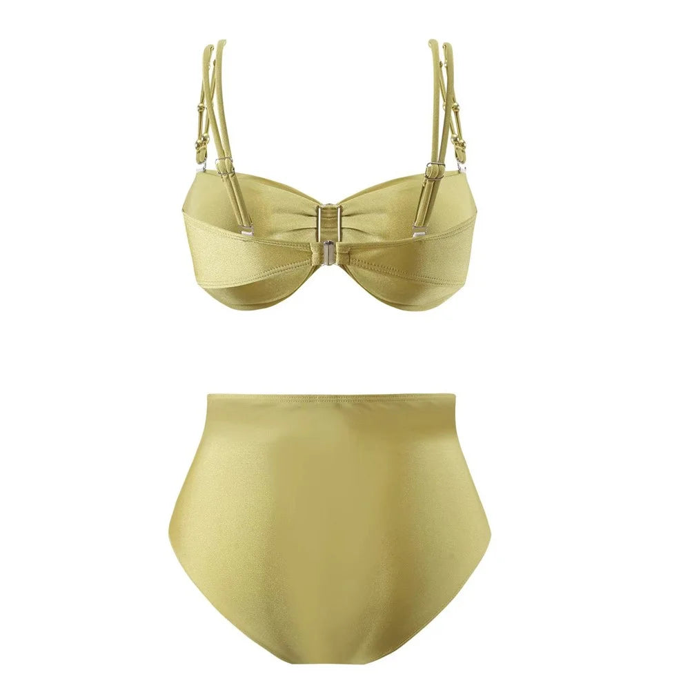 Y348 3 Piece High Waist Bikini Set Padded Bra + Bottom + Skirt Women Swimsuit, XL Size - Yellow - 3