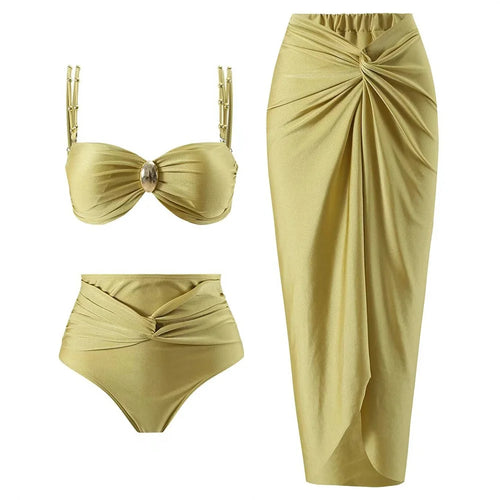 Y348 3 Piece High Waist Bikini Set Padded Bra + Bottom + Skirt Women Swimsuit, L Size - Yellow - 1