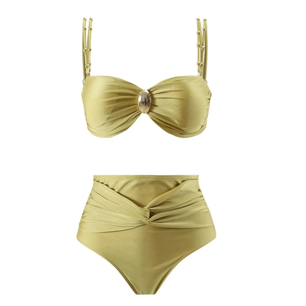 Y348 3 Piece High Waist Bikini Set Padded Bra + Bottom + Skirt Women Swimsuit, S Size - Yellow - 2