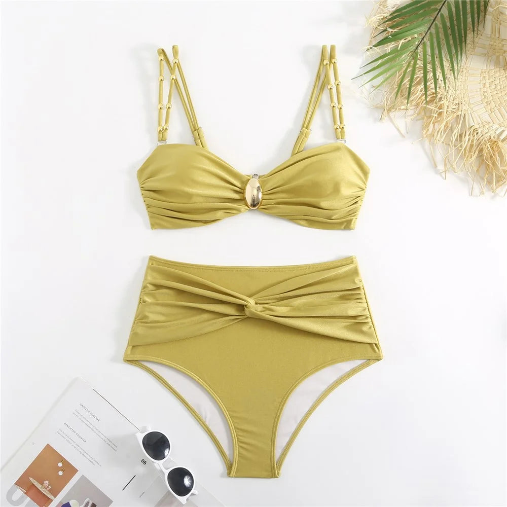 Y348 3 Piece High Waist Bikini Set Padded Bra + Bottom + Skirt Women Swimsuit, S Size - Yellow - 5