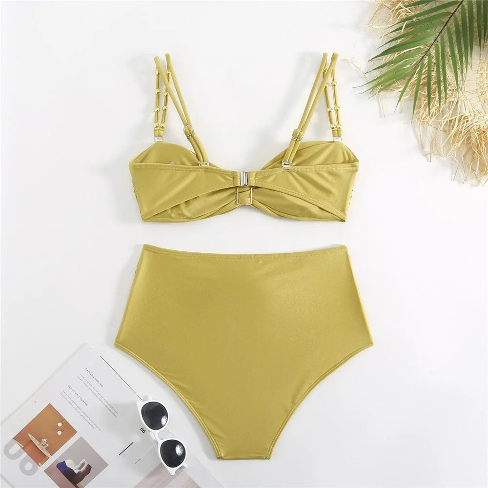 Y348 3 Piece High Waist Bikini Set Padded Bra + Bottom + Skirt Women Swimsuit, S Size - Yellow - 6