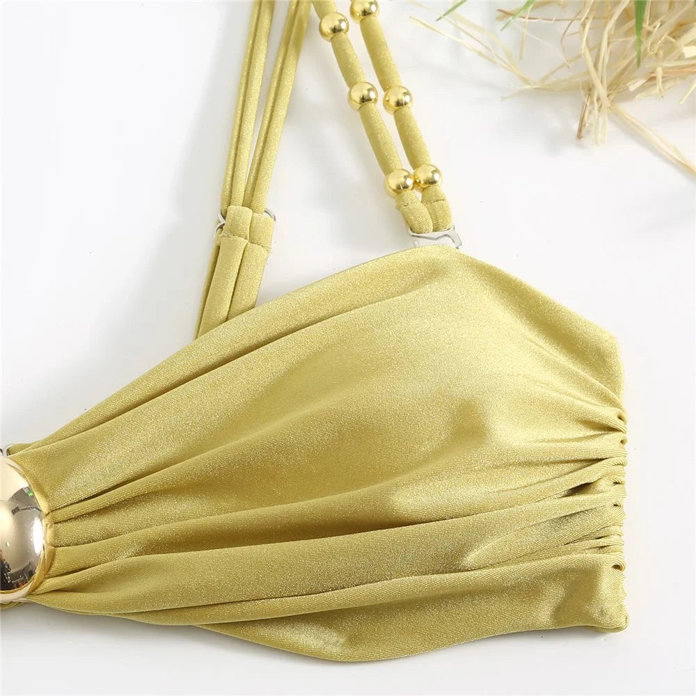 Y348 3 Piece High Waist Bikini Set Padded Bra + Bottom + Skirt Women Swimsuit, S Size - Yellow - 7