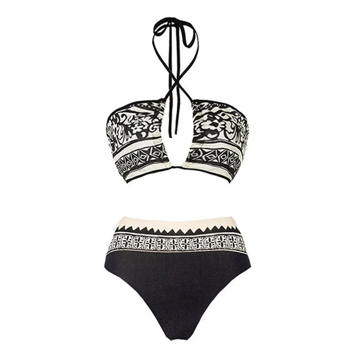 Y357 Retro Print Bikini Swimsuit 3-Piece Swimwear For Women European Style Beach Vacation Swimwear - Black  /  S - 4