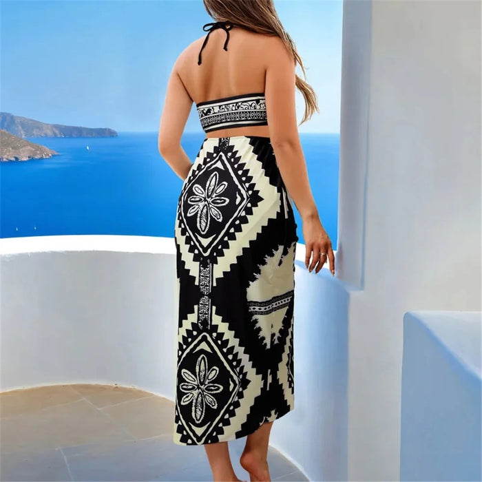 Y357 Retro Print Bikini Swimsuit 3-Piece Swimwear For Women European Style Beach Vacation Swimwear - Black  /  S - 6