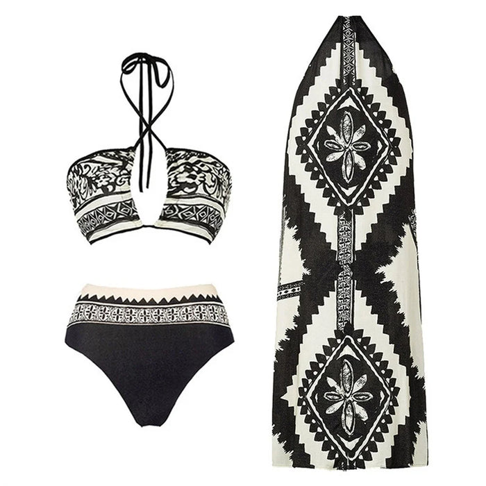 Y357 Retro Print Bikini Swimsuit 3-Piece Swimwear For Women European Style Beach Vacation Swimwear - Black  /  M - 1