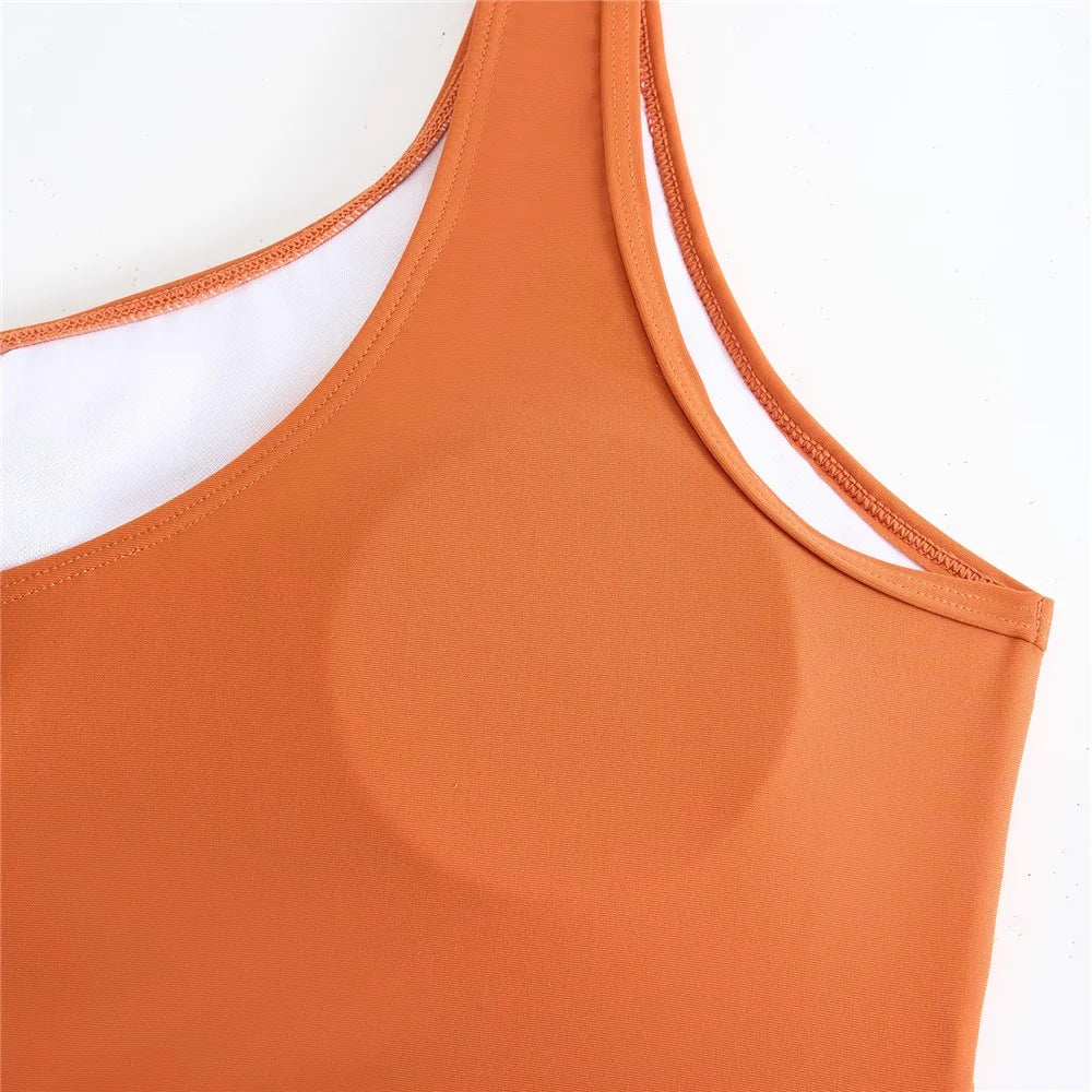 Y1009 Bikini Swimsuit High Waist 3-Piece Bathing Suit for Women Solid Color Swimwear Set Beach Wear - Brown  /  M - 6