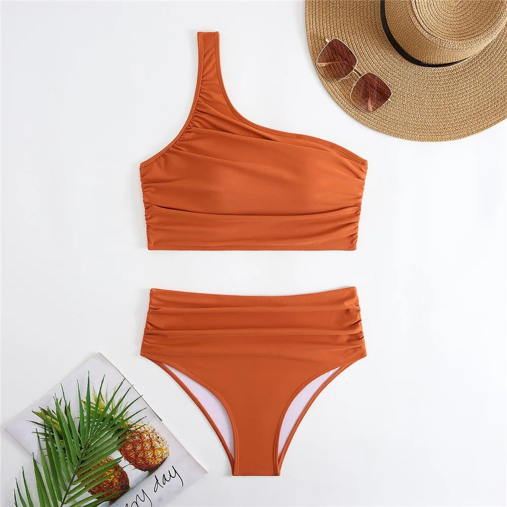 Y1009 Bikini Swimsuit High Waist 3-Piece Bathing Suit for Women Solid Color Swimwear Set Beach Wear - Brown  /  M - 3