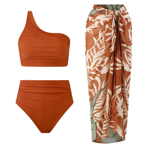 Y1009 Bikini Swimsuit High Waist 3-Piece Bathing Suit for Women Solid Color Swimwear Set Beach Wear - Brown  /  XL - 1