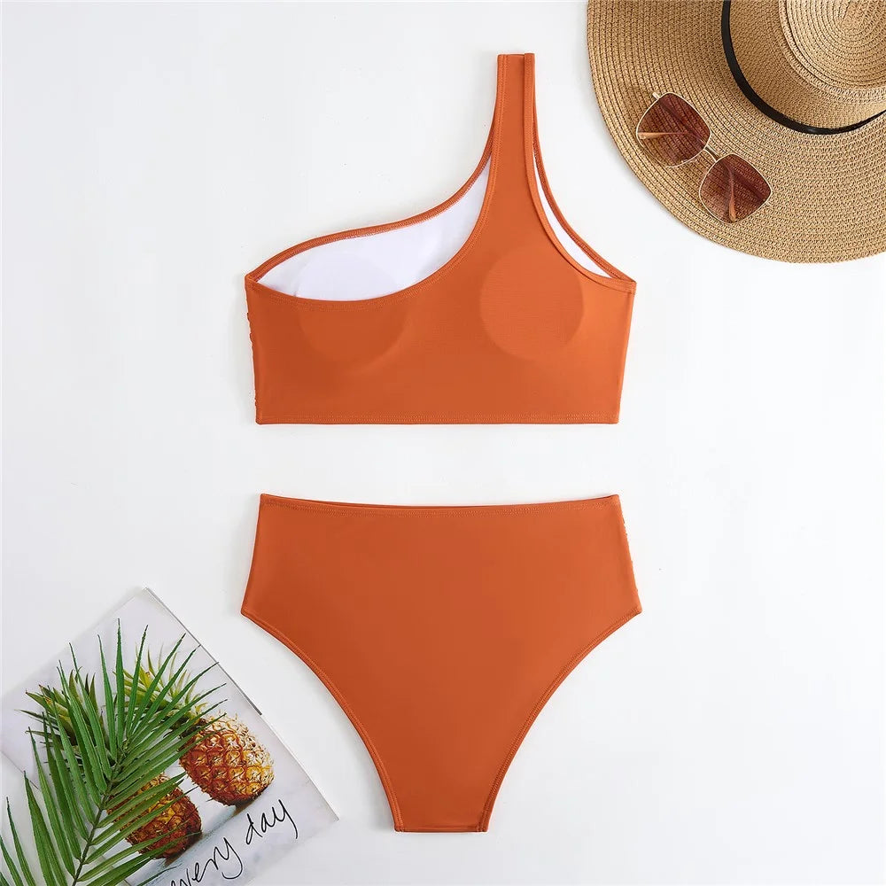 Y1009 Bikini Swimsuit High Waist 3-Piece Bathing Suit for Women Solid Color Swimwear Set Beach Wear - Brown  /  XL - 4
