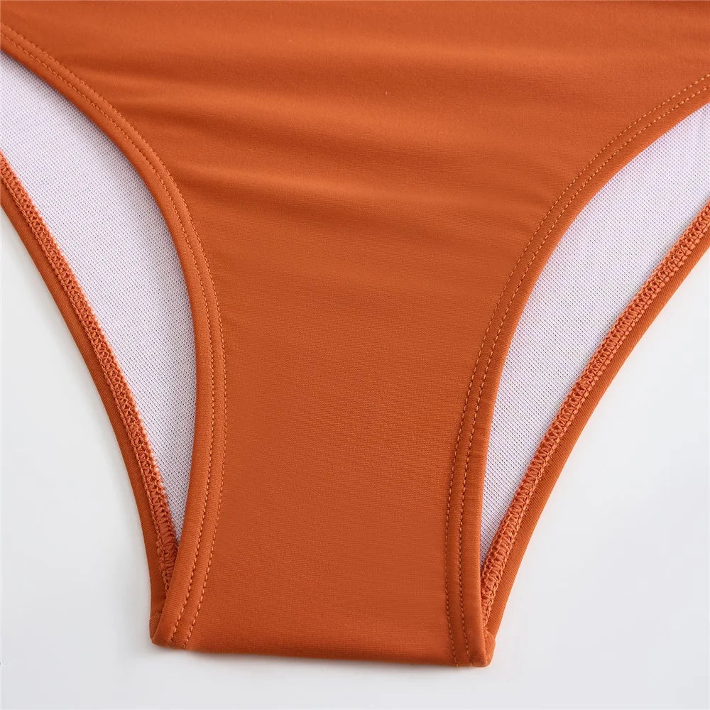 Y1009 Bikini Swimsuit High Waist 3-Piece Bathing Suit for Women Solid Color Swimwear Set Beach Wear - Brown  /  XL - 7