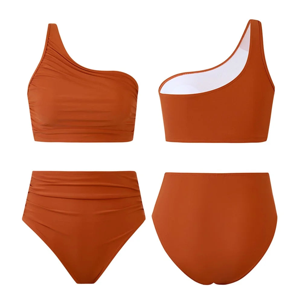 Y1009 Bikini Swimsuit High Waist 3-Piece Bathing Suit for Women Solid Color Swimwear Set Beach Wear - Brown  /  XL - 2
