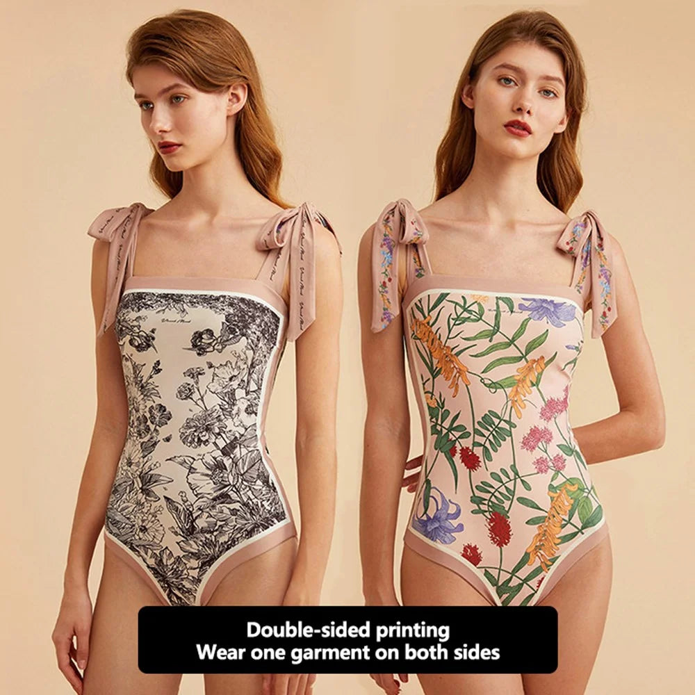 Y17 Women Stylish Two-Sided Pattern Swimsuit with Skirt Conservative Swimwear Set, M Size - Pink - 2