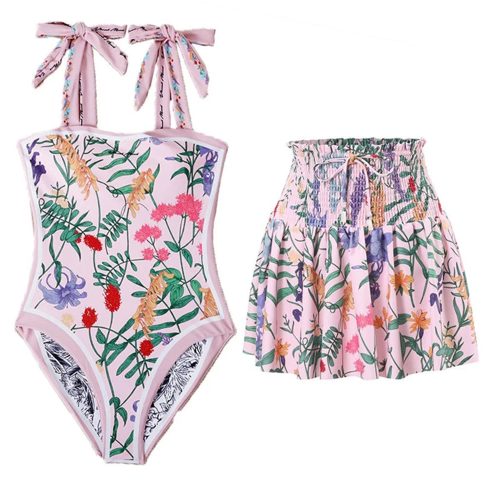 Y17 Women Stylish Two-Sided Pattern Swimsuit with Skirt Conservative Swimwear Set, L Size - Pink - 1