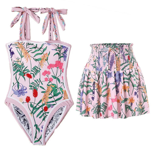 Y17 Women Stylish Two-Sided Pattern Swimsuit with Skirt Conservative Swimwear Set, L Size - Pink - 1