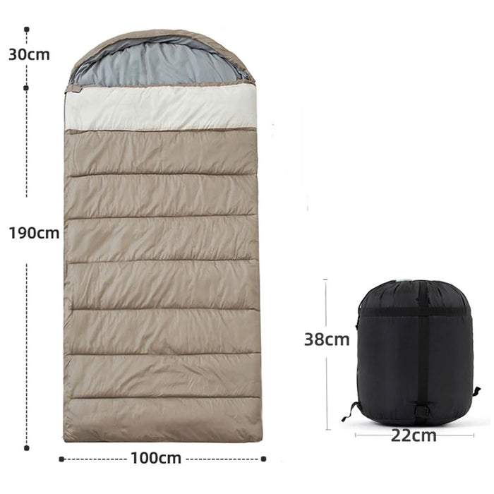 2kg 100cm Extra Wide Adult Sleeping Bag Winter Thick Warm 5℃ Outdoor Camping Envelope Hooded Sleeping Bag - Khaki - 1