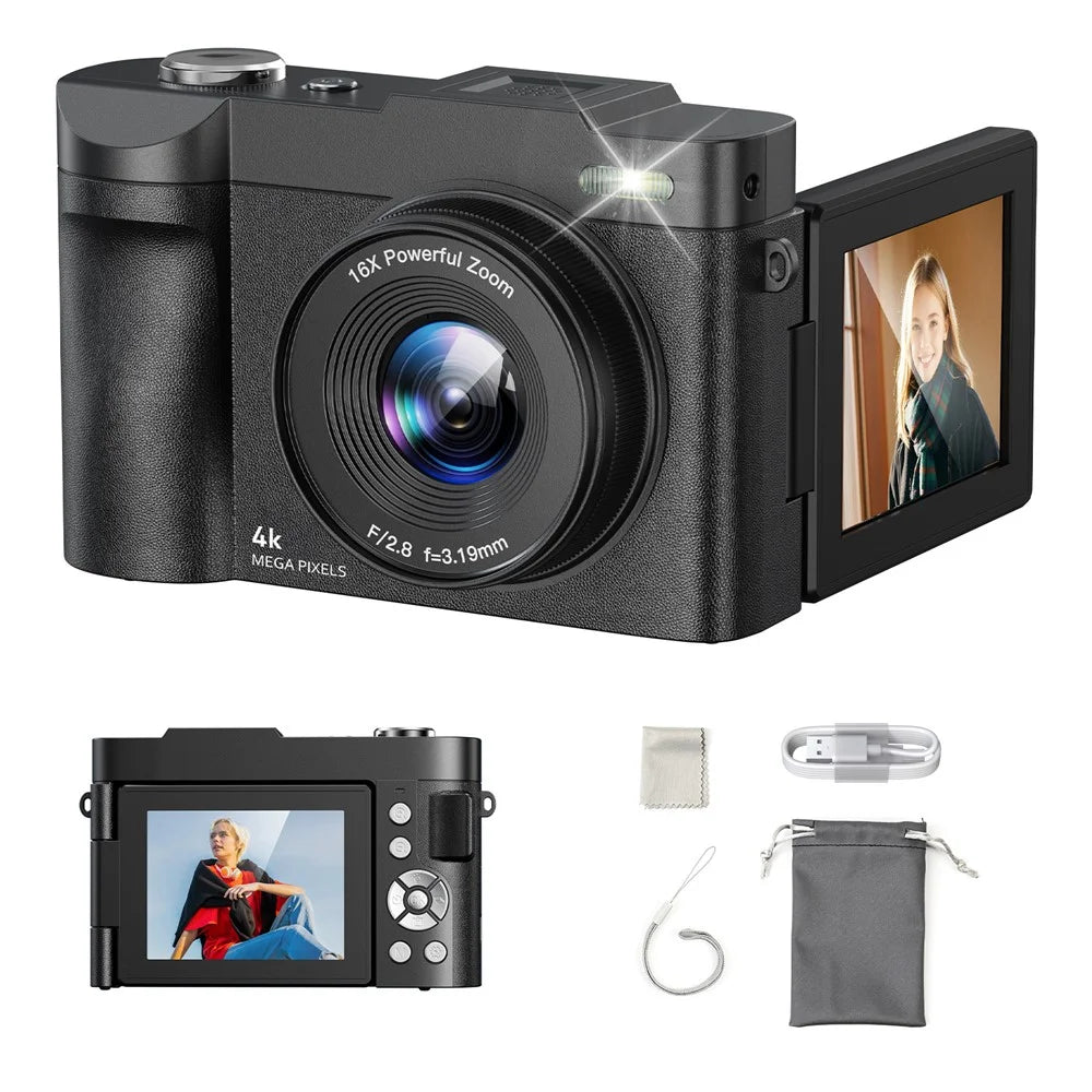 DC03 4K Digital Camera 50MP Ultra HD 16X Zoom 2.8 Inch IPS Flip Screen Photo Video Recorder for Vlog Photography - Black - 1