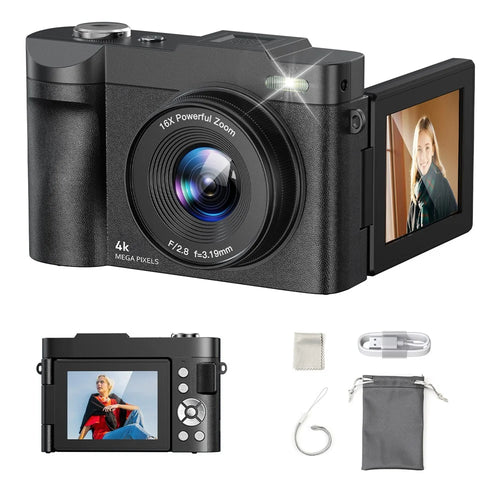 DC03 4K Digital Camera 50MP Ultra HD 16X Zoom 2.8 Inch IPS Flip Screen Photo Video Recorder for Vlog Photography - Black - 1