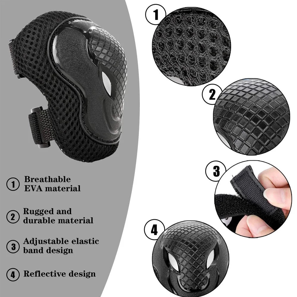 MD-611 6Pcs / Set Children Bicycle Roller Skating Knee Elbow Wrist Pads Skateboard Ski Anti-Fall Guard Protective Gear - Black / S - 6