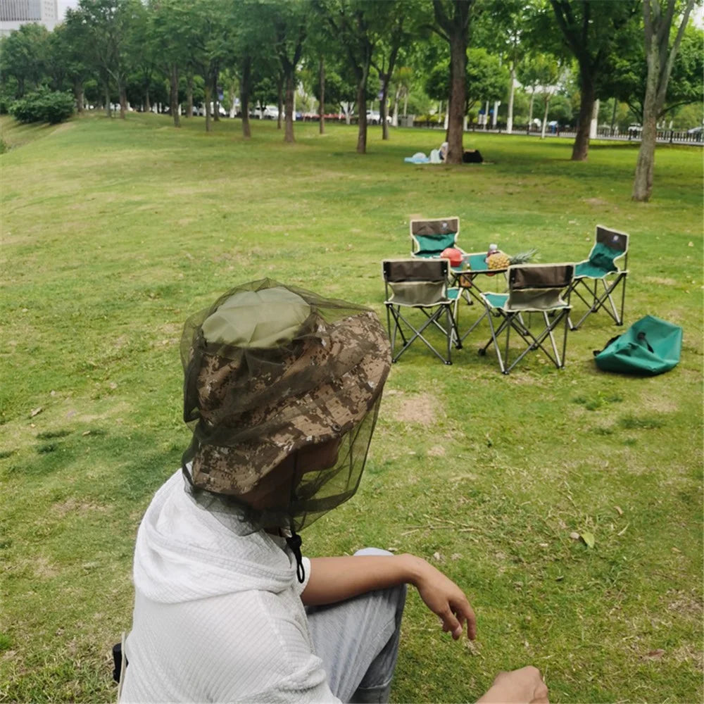 AOTU Camouflage Bucket Hat Cap with Anti-mosquito Head Net Face Mesh for Outdoor Camping Fishing - Khaki - 2