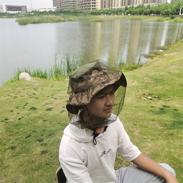 AOTU Camouflage Bucket Hat Cap with Anti-mosquito Head Net Face Mesh for Outdoor Camping Fishing - Khaki - 3