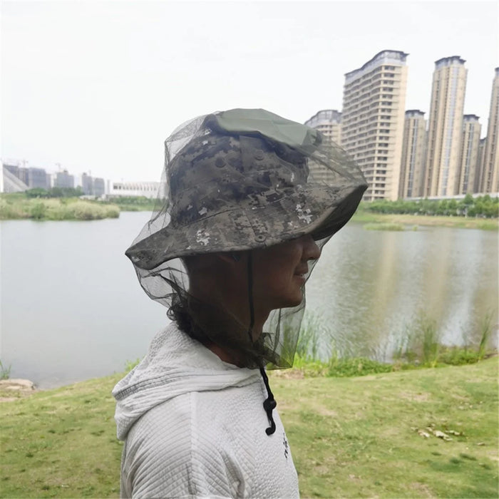 AOTU Camouflage Bucket Hat Cap with Anti-mosquito Head Net Face Mesh for Outdoor Camping Fishing - Khaki - 6