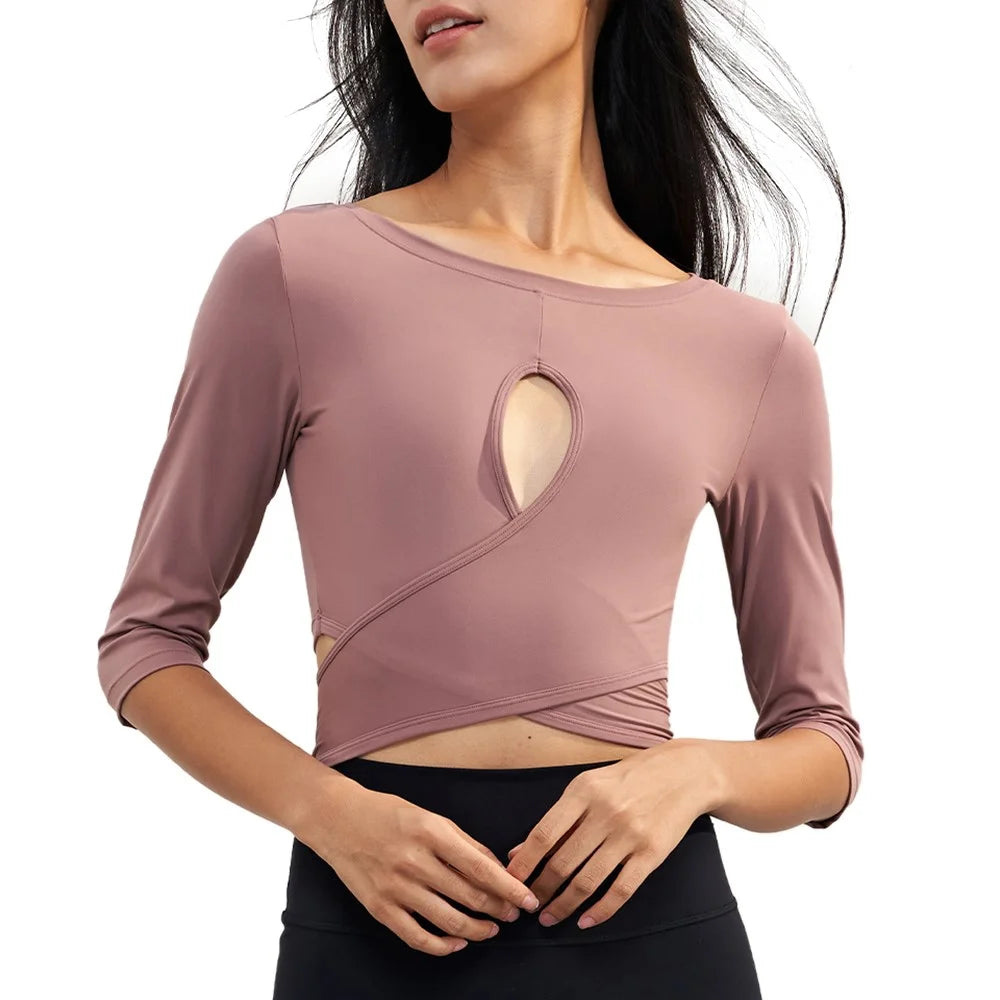 CX1589 Women's Gym Tops Yoga Clothing T-Shirt Light Nuls Round Neck Cropped - Twilight Rose / 4(S) - 1