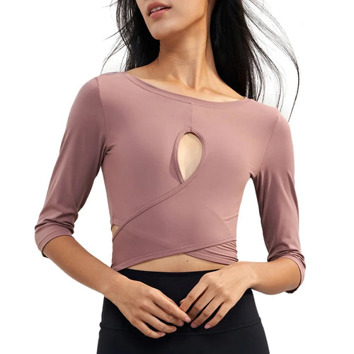 CX1589 Women's Gym Tops Yoga Clothing T-Shirt Light Nuls Round Neck Cropped - Twilight Rose / 4(S) - 1