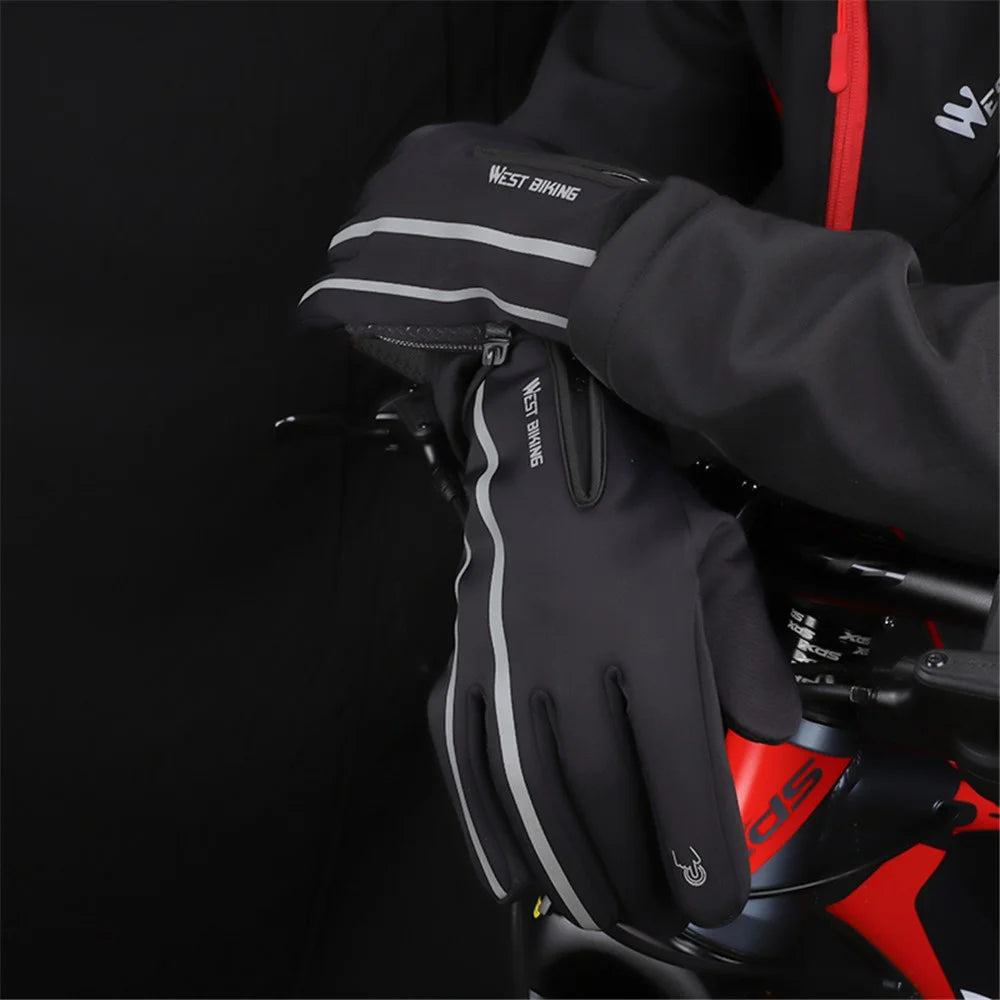 WEST BIKING Winter Fleece Lining Thermal Gloves Outdoor Cycling Climbing Waterproof Reflective Touch Screen Cycling Gloves - S - 5