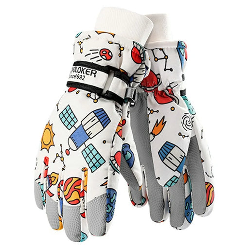 GOLOVEJOY DRST33 Winter Waterproof Cartoon Kids Ski Gloves Full Finger Mittens for Outdoor Activities - Spaceship S - 1