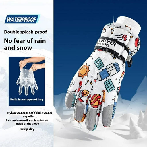 GOLOVEJOY DRST33 Winter Waterproof Cartoon Kids Ski Gloves Full Finger Mittens for Outdoor Activities - Spaceship S - 2