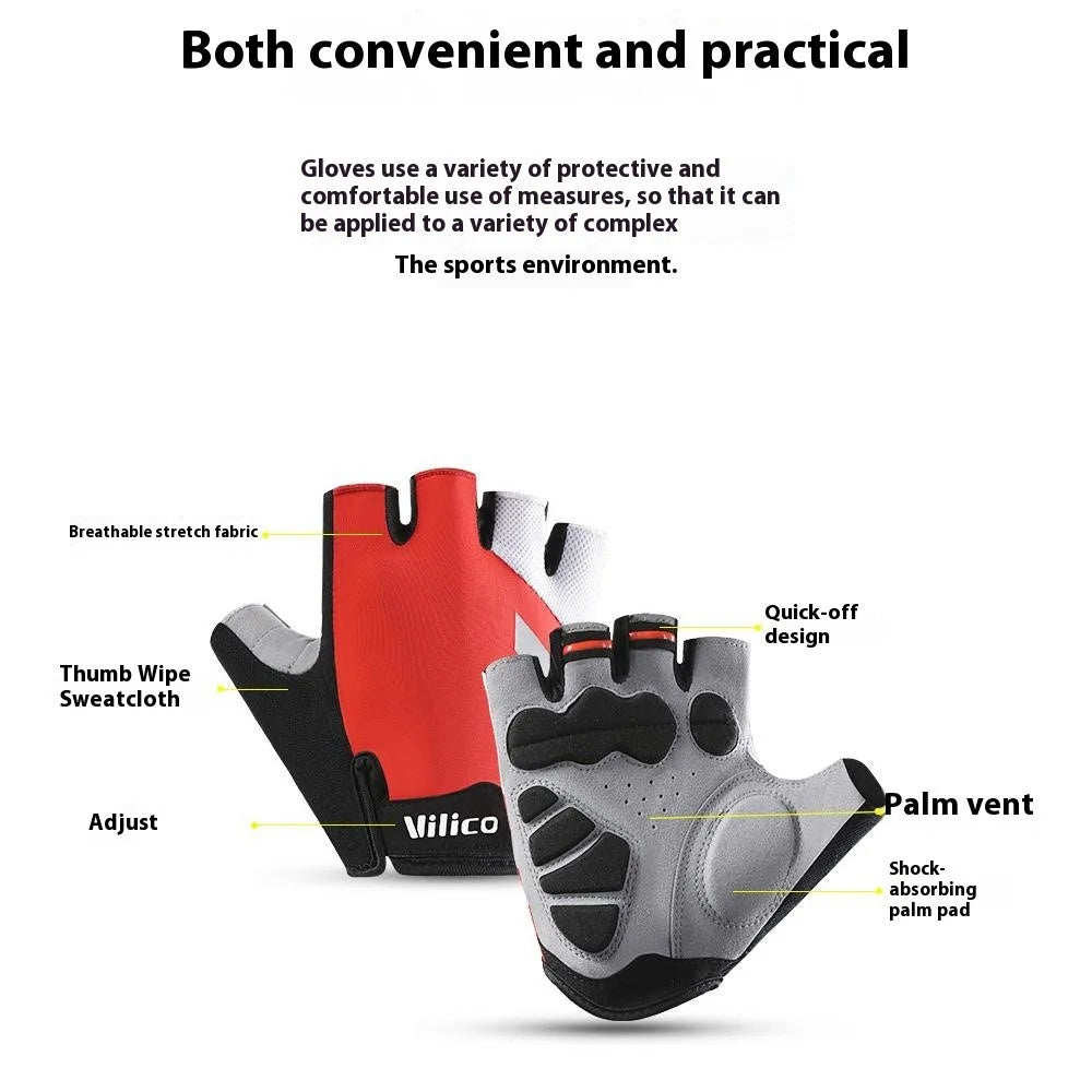 VILICO A0066V 1 Pair Size S Cycling Fitness Fishing Outdoor Sports Gloves Shock Absorbing Anti Slip Half Finger Gloves - Red - 5