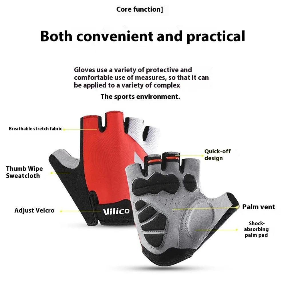 VILICO A0066V 1 Pair Size M Cycling Fitness Fishing Outdoor Sports Gloves Shock Absorbing Anti Slip Half Finger Gloves - Red - 6