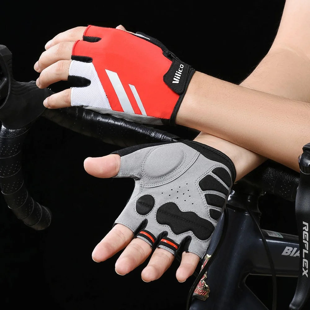 VILICO A0066V 1 Pair Size M Cycling Fitness Fishing Outdoor Sports Gloves Shock Absorbing Anti Slip Half Finger Gloves - Red - 7