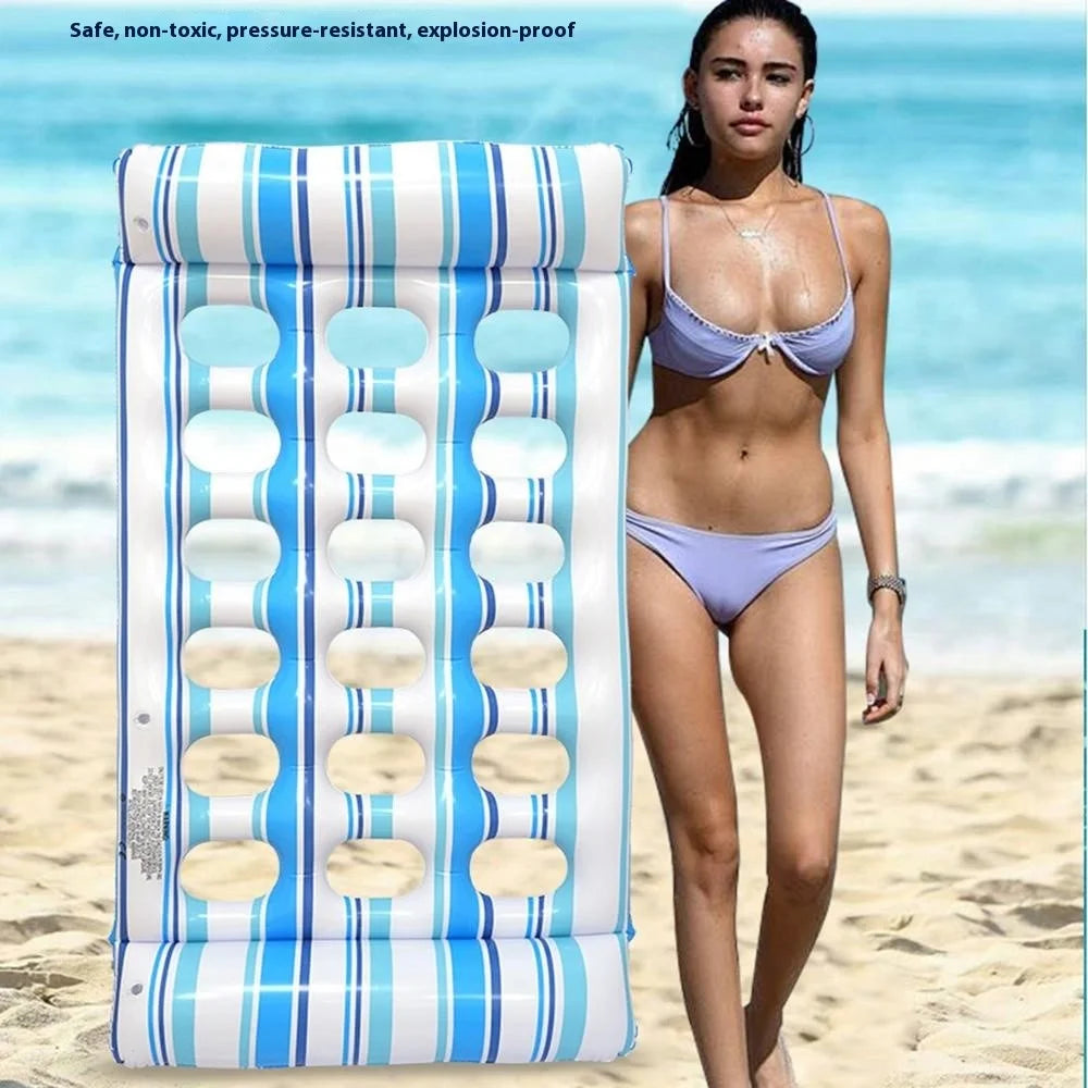 Inflatable Pool Float Lounge Chair PVC Thickened Air Mattress Single Person Floating Lounger with Holes - Blue / Yellow - 4