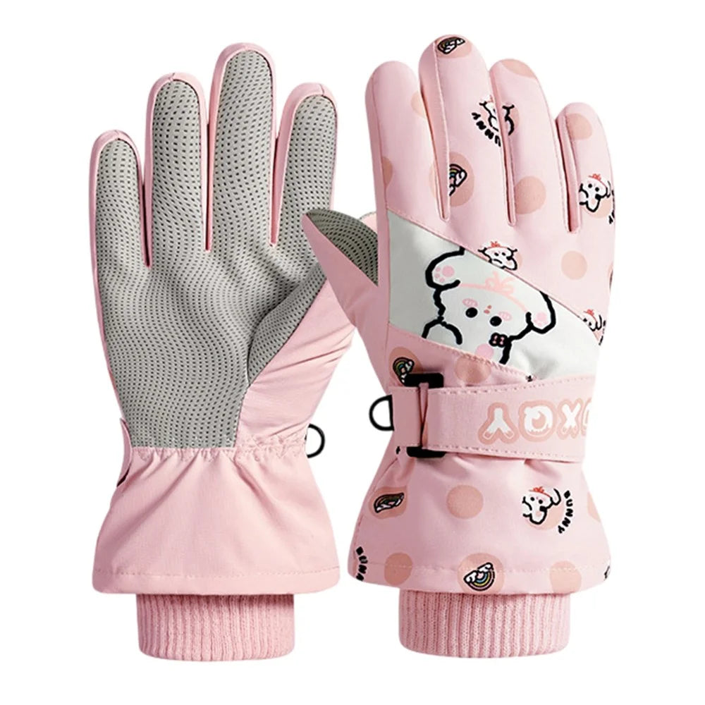 DRST44 1 Pair Cartoon Pattern Ski Gloves for Kids Winter Fleece Lined Windproof Cycling Mittens - Pink / S - 1