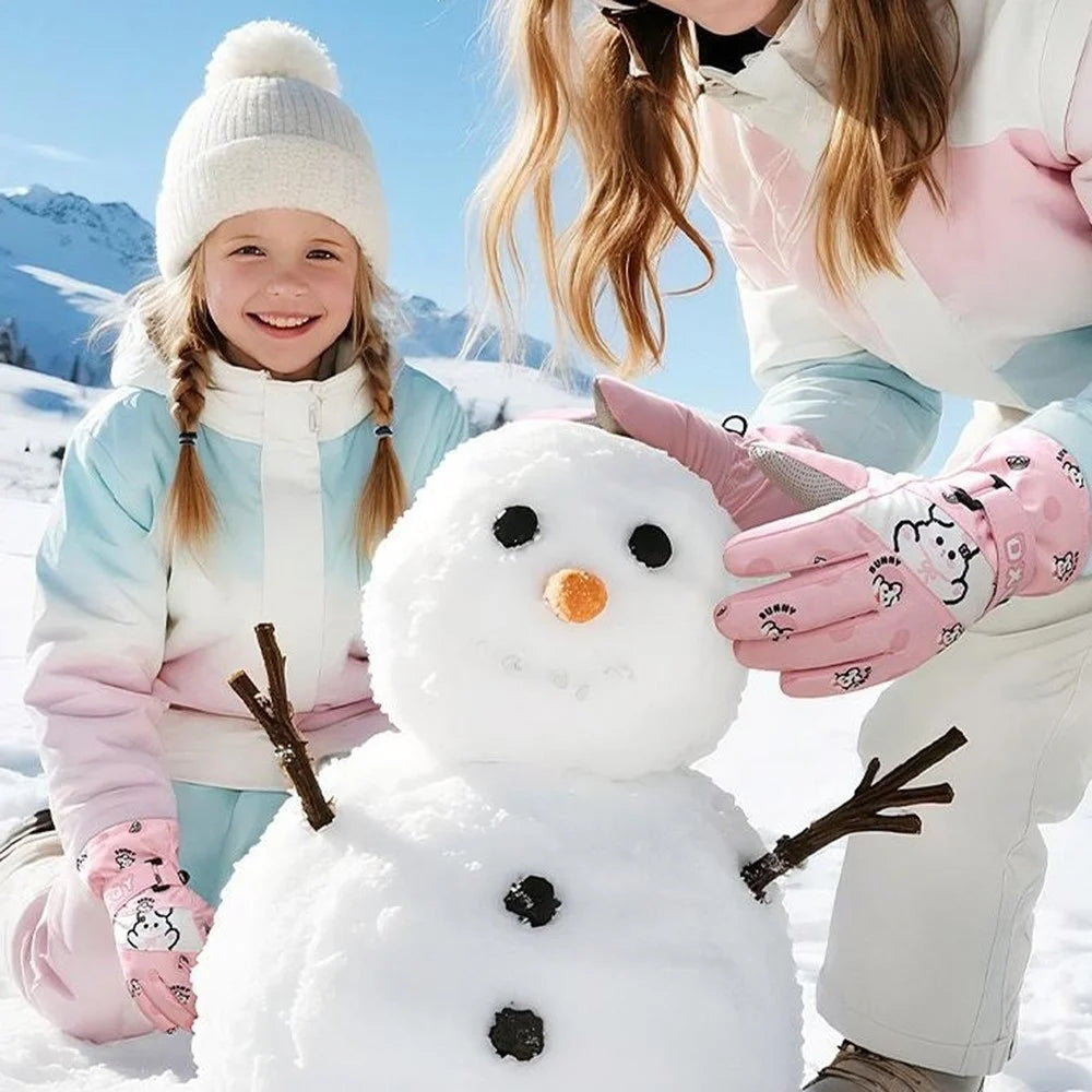 DRST44 1 Pair Cartoon Pattern Ski Gloves for Kids Winter Fleece Lined Windproof Cycling Mittens - Pink / S - 2