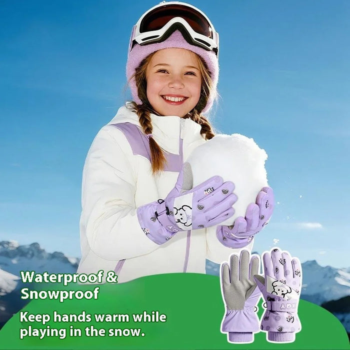 DRST44 1 Pair Cartoon Pattern Ski Gloves for Kids Winter Fleece Lined Windproof Cycling Mittens - Pink / S - 7