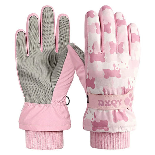 DRST43 Thermal Fleece Lined Ski Gloves for Kids Cartoon Pattern Winter Windproof Full Finger Cycling Mittens - Light Pink / S - 1