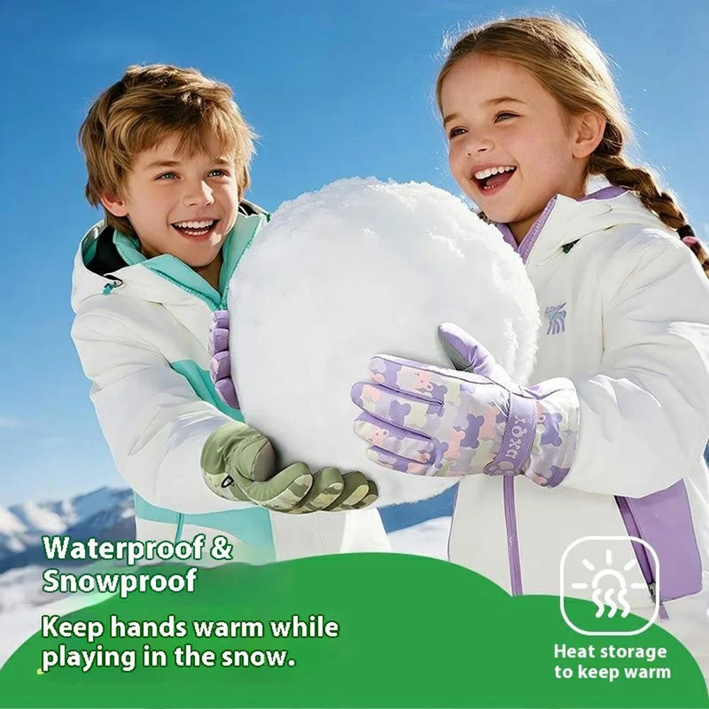 DRST43 Thermal Fleece Lined Ski Gloves for Kids Cartoon Pattern Winter Windproof Full Finger Cycling Mittens - Light Pink / S - 2