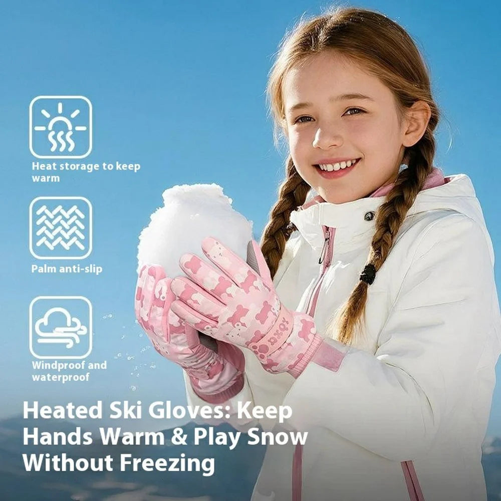 DRST43 Thermal Fleece Lined Ski Gloves for Kids Cartoon Pattern Winter Windproof Full Finger Cycling Mittens - Light Pink / S - 3