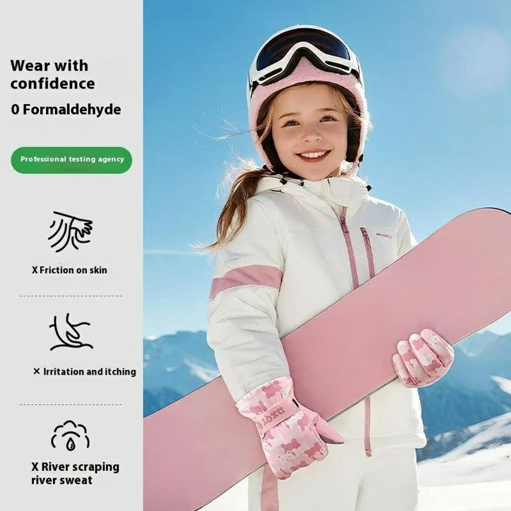DRST43 Thermal Fleece Lined Ski Gloves for Kids Cartoon Pattern Winter Windproof Full Finger Cycling Mittens - Light Pink / S - 4