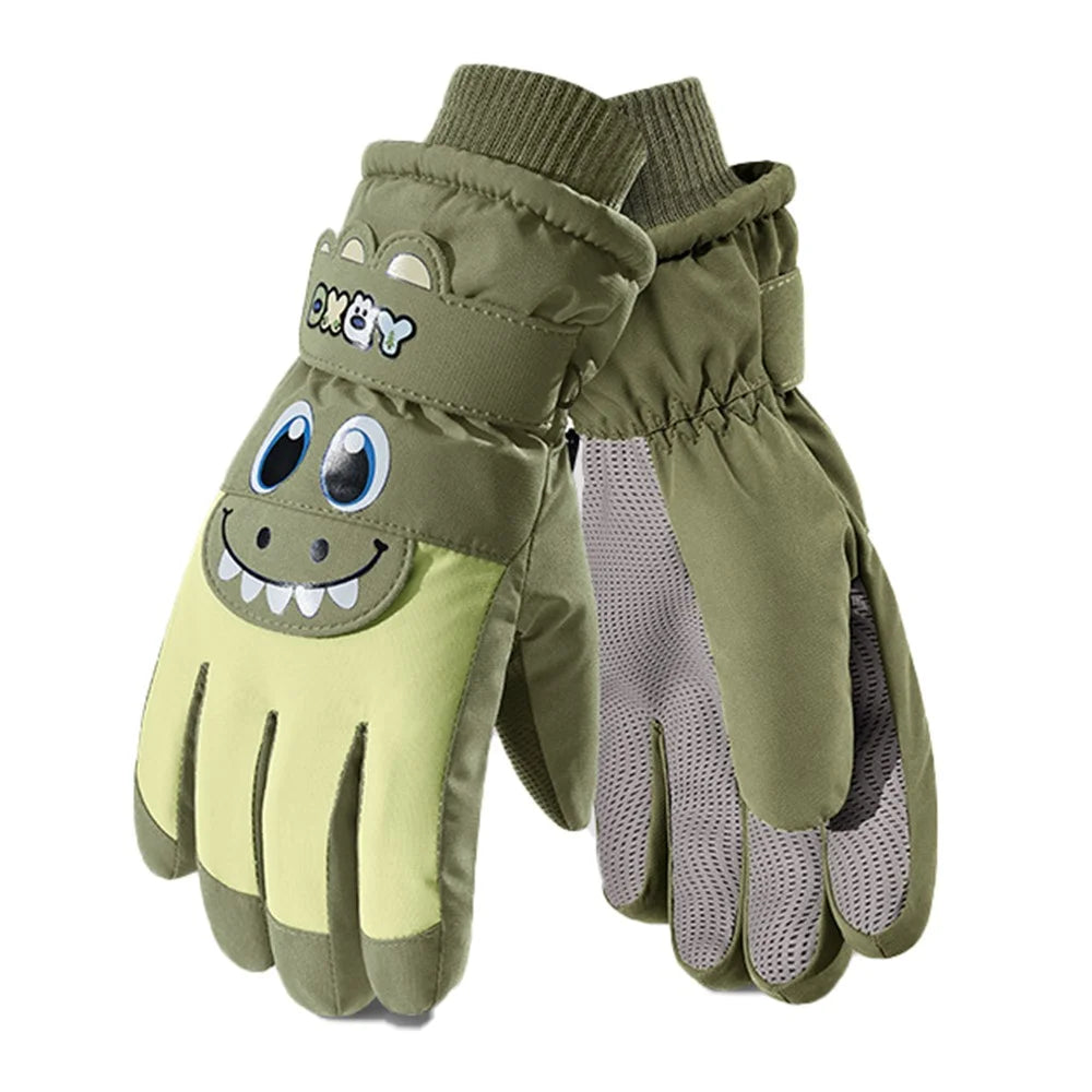 DRST42 Children Winter Cycling Ski Gloves Thickened Plush Lining Windproof Waterproof Warm Mittens - Green - 1