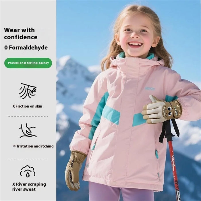 DRST42 Children Winter Cycling Ski Gloves Thickened Plush Lining Windproof Waterproof Warm Mittens - Green - 3